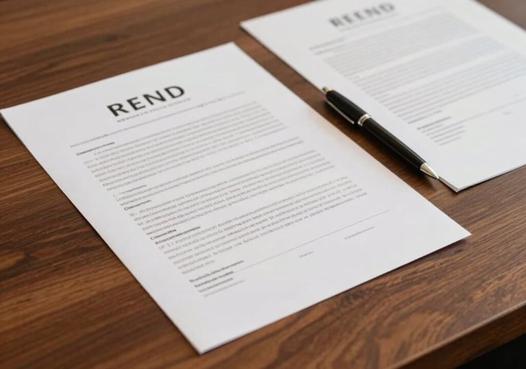 A close-up of a mahogany desk in a professional North American office. A pen rests on an neatly organized set of real estate contracts with warm tan lighting.
