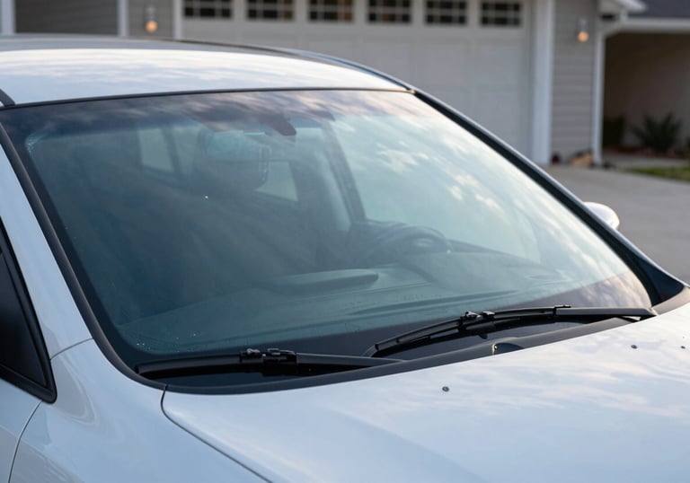 A close-up view of a car parked in a clean US driveway with a crystal-clear, newly repaired windshield reflecting a soft sky blue horizon.