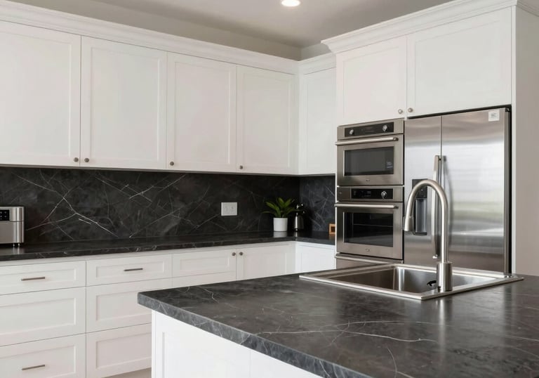 A high-end residential kitchen inside a North American luxury property. Features include clean white cabinetry, charcoal stone countertops, and stainless steel appliances. The lighting is bright and airy, suggesting quality and maintenance excellence.