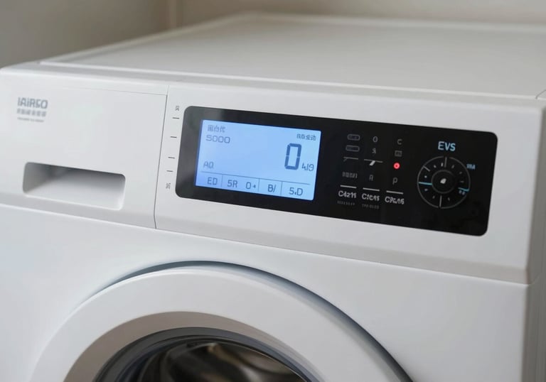 A detailed macro shot of a modern washing machine's digital control panel, showing clear status icons. The lighting is crisp and highlights the soft sky blue interface.