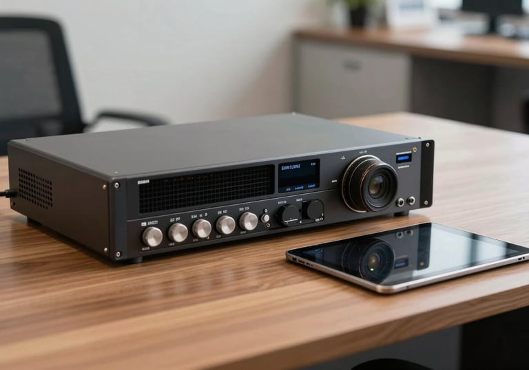Detailed shot of a high-end telecommunication system and tablet on a wooden desk in a professional Brazilian office setting.