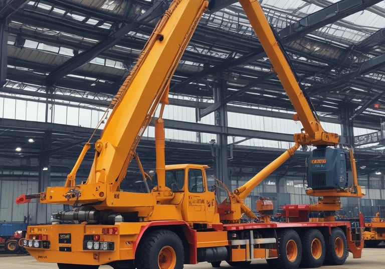 A modern crane truck lifting heavy construction materials at a busy urban site.