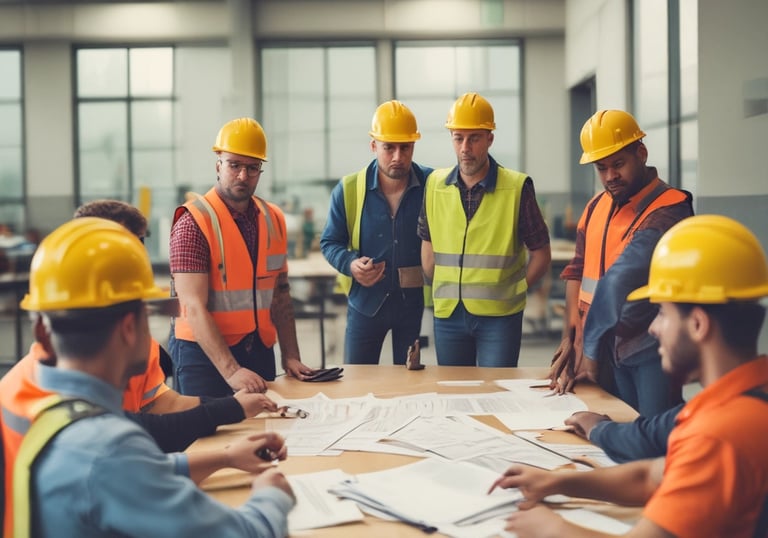 A professional conducting a workplace safety training session with attentive employees.