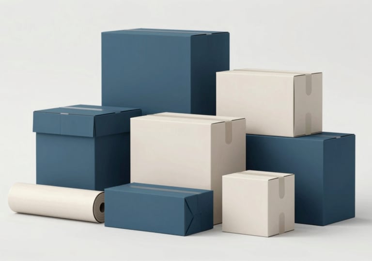 An organized arrangement of high-end packing supplies, including heavy-duty boxes and premium wrap, against a clean studio background. Colors: #4A6D8C and #F7F4EF.