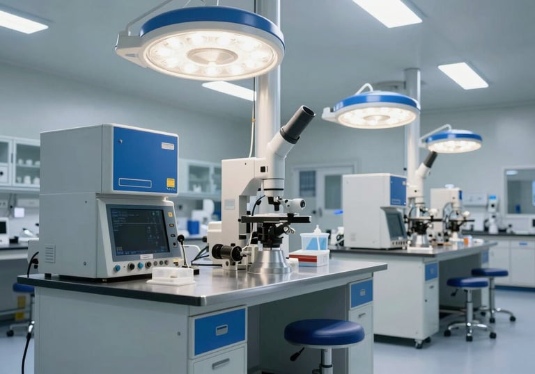 A sterile and modern laboratory interior with stainless steel equipment and royal blue accents under clean, bright white lights.
