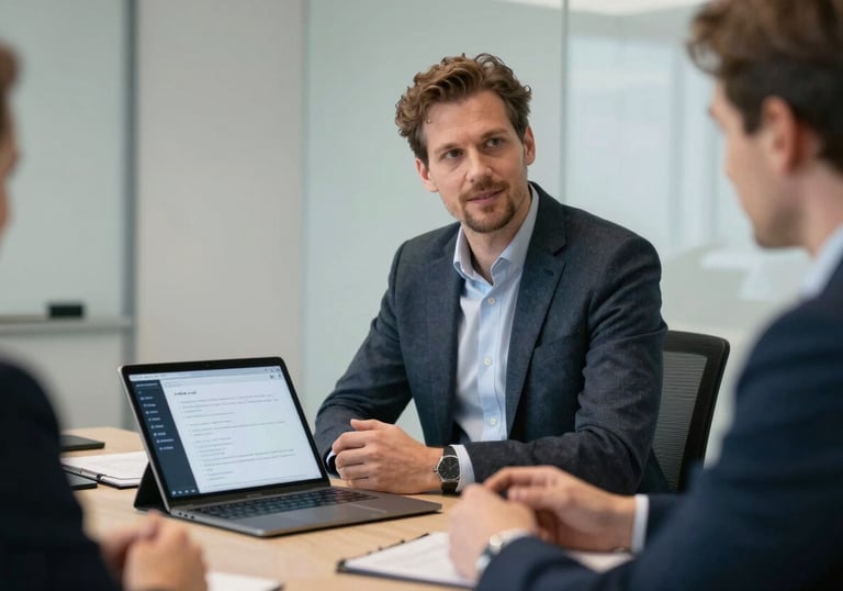 A Western European / Dutch executive leading a meeting with AI-transcription tools visible on a tablet, modern boardroom.