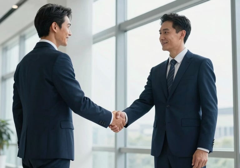 Two business professionals in professional attire shaking hands in a bright, modern lobby with floor-to-ceiling windows. The aesthetic is clean and sophisticated with Deep Navy Blue tones.