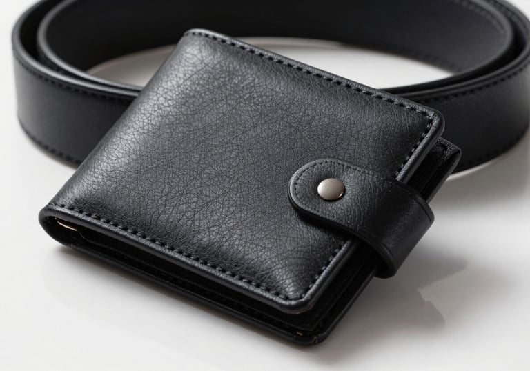 A close-up of a premium charcoal black leather wallet and a matching belt on a polished pure brilliant white surface. Sharp focus, dramatic lighting highlighting the texture of the leather.
