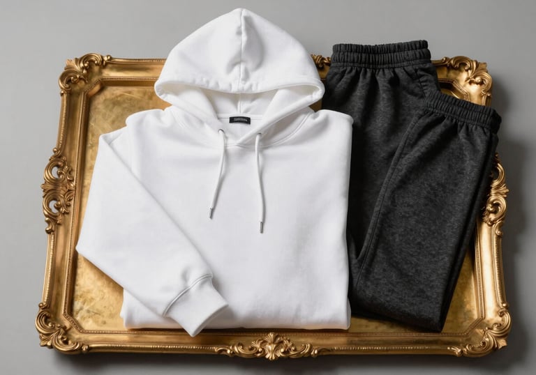 A flat lay of luxury apparel featuring a heavy-weight pure brilliant white hoodie and charcoal black joggers, folded neatly on a rich antique gold tray. Studio lighting, minimalist aesthetic.
