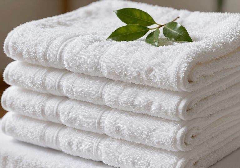 A stack of thick, plush pure brilliant white cotton towels in a luxury spa setting. A sprig of green leaves rests on top, suggesting purity and high-end textile quality.