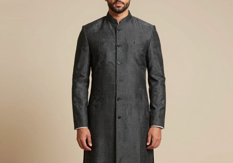 A classic jodhpuri suit styled with traditional accessories on a mannequin.