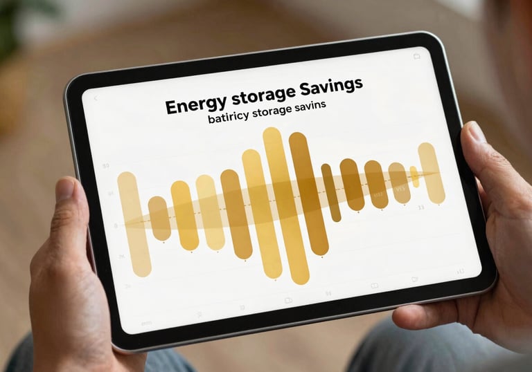 A person holding a tablet showing an energy monitoring interface with warm harvest gold data points, illustrating battery storage savings.