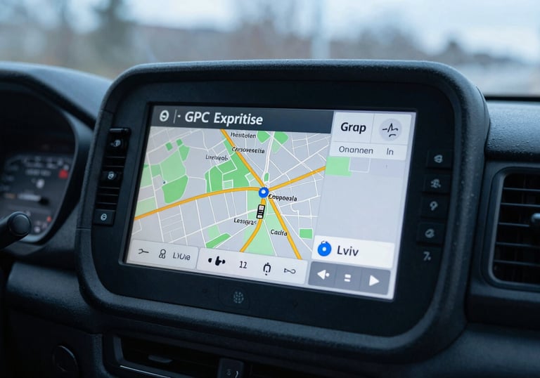 A modern GPS navigation screen inside a truck cabin showing a map of Lviv, highlighting local expertise. Soft light blue palette.
