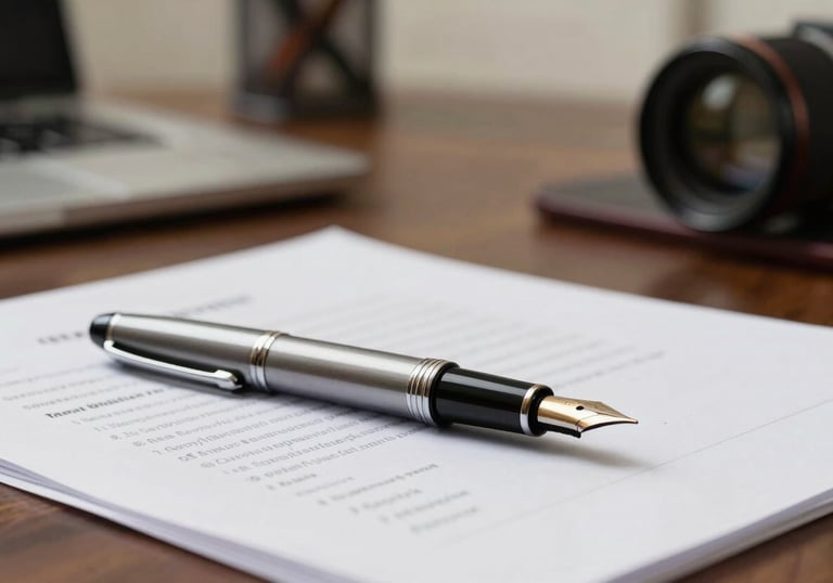 Close-up of a professional fountain pen and legal documents on a dark wood desk in a South Asian consultancy office, soft focused background.