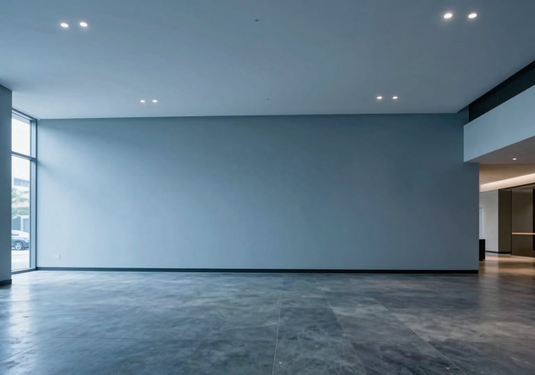 A clean, minimalist interior of a commercial lobby with high ceilings and polished floors in Muted Steel Blue tones.
