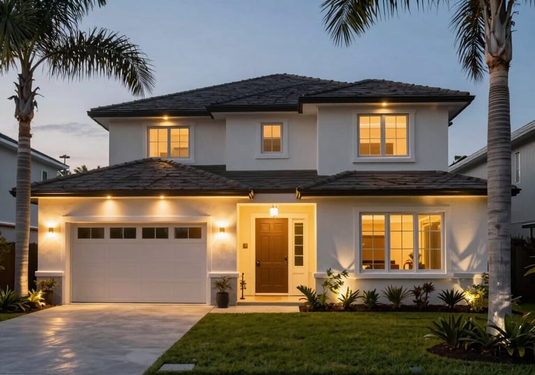 A modern North American / US home exterior in Orlando illuminated by elegant outdoor lighting systems at dusk with palm trees.