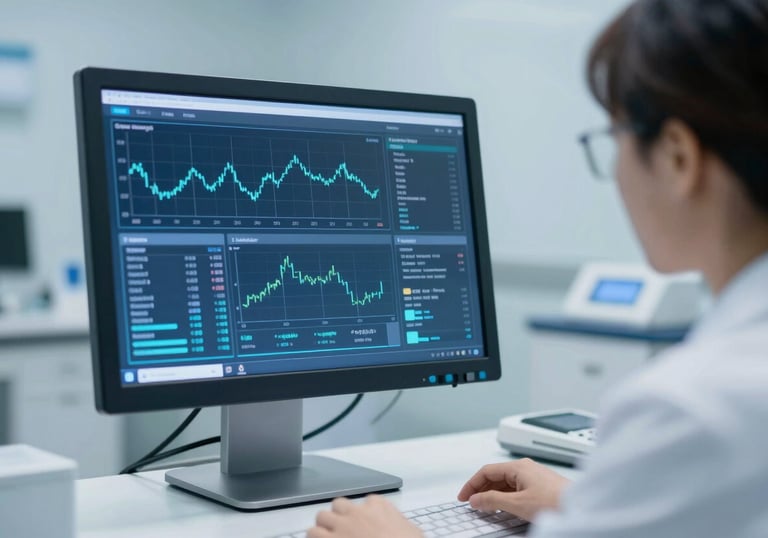A modern medical diagnostic monitor displaying clear, organized health data in a high-tech clinical setting. Vibe of expertise and precision. Palette: #427B9B, #F2F6F8.