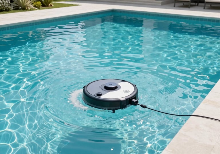 Technician cleaning and checking a residential swimming pool under bright daylight.