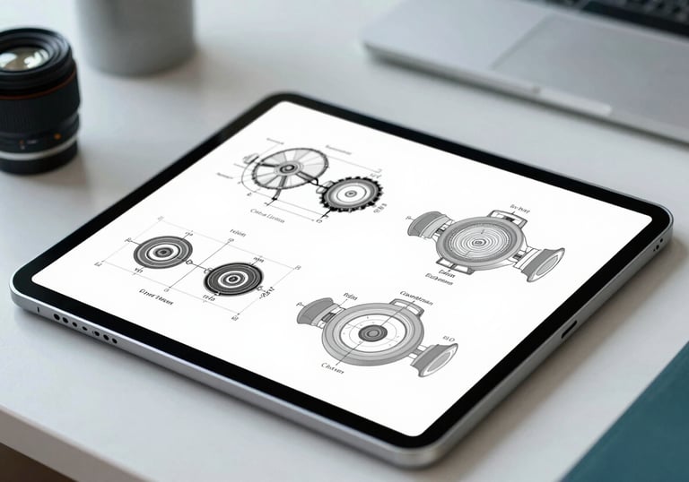 Technical diagrams and whitepapers displayed on a digital tablet in a bright, modern professional workspace with teal accents.