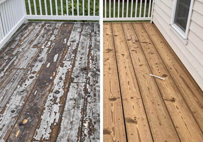 Wooden deck and railing in foggy weather