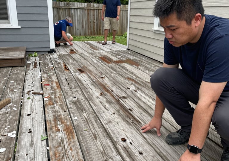 Close-up of a skilled craftsman replacing old deck boards with fresh wood, showing attention to detail.