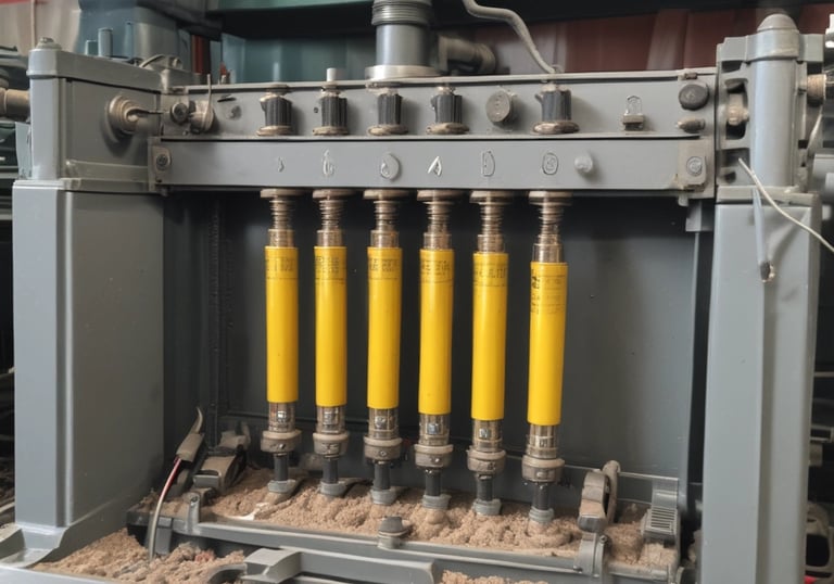 Close-up of a high-voltage transformer coil with steel-green lighting highlighting its industrial design.