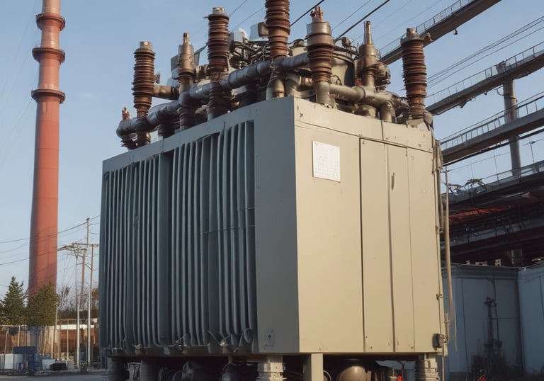 Industrial workspace with engineers reviewing transformer specifications under steel-green ambient lighting.
