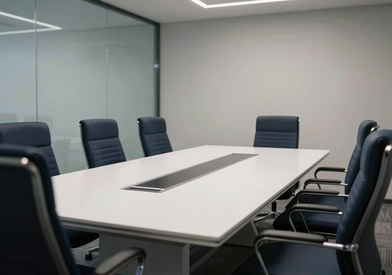 A high-tech meeting room with ergonomic chairs in dark navy and a polished white table, sharp focus, professional lighting.