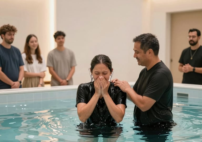 A serene retreat setting with a group of people praying together in nature during a spiritual encounter.