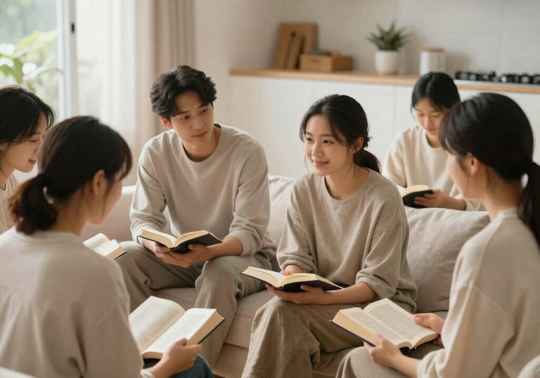 A warm group of church members gathered in a cozy living room for a weekly cell group meeting.