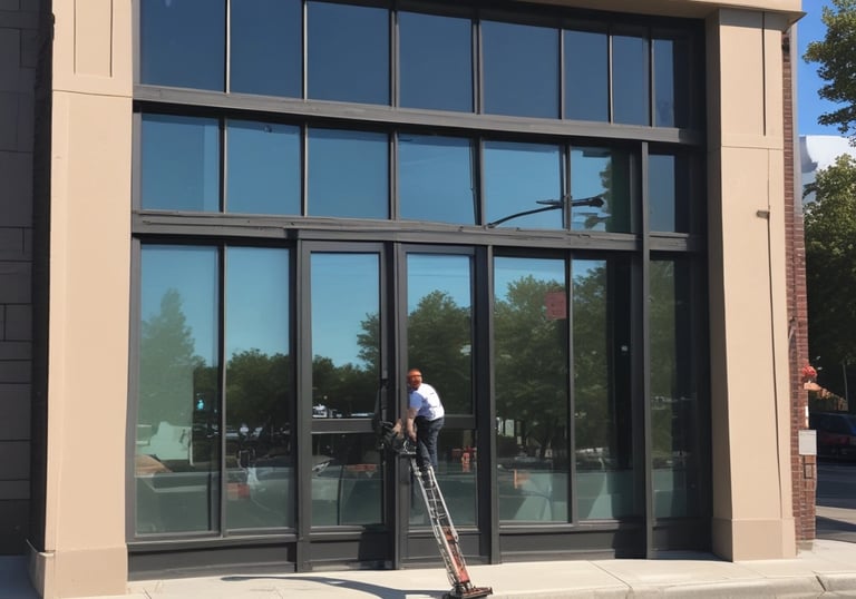 A friendly window cleaner carefully washing windows on a sunny residential street.
