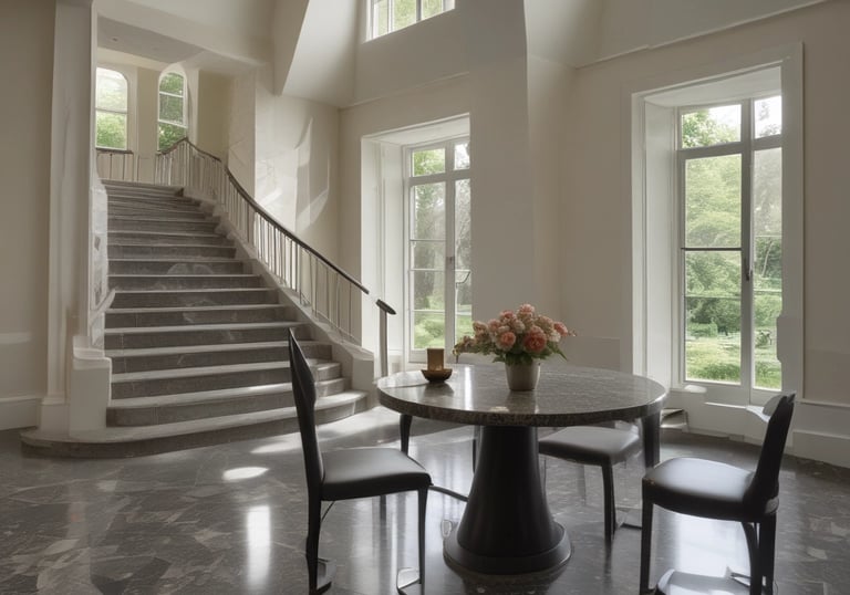 Stone garden pathway with granite tiles surrounded by lush greenery.