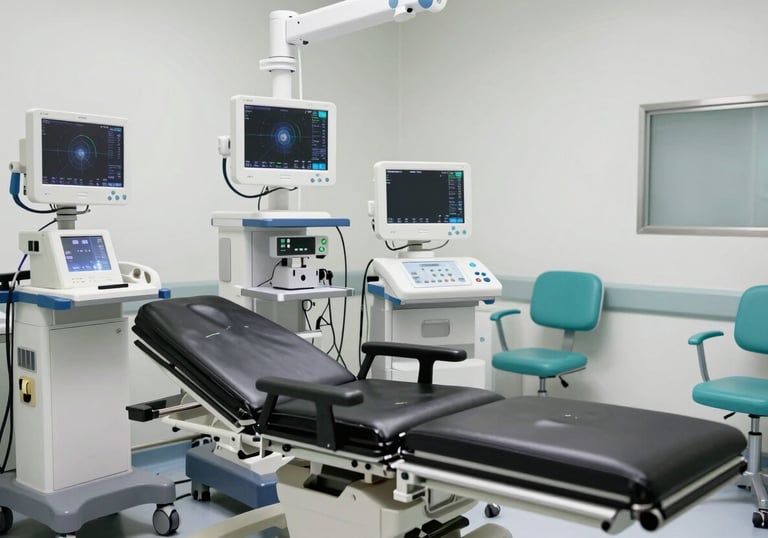 A sterile and high-tech cancer treatment facility with advanced medical monitors and clean white and teal furniture, Global / International Medical Tourism style.