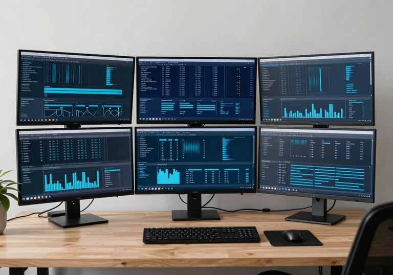 An organized, minimalist workstation in a Latin American tech office featuring multiple monitors showing data streams in blue and dark navy tones.