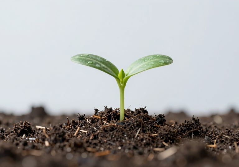 A minimalist, macro shot of a green sprout emerging from soil, stylized with professional lighting and cool tones. Evokes agro-innovation and sustainability. Palette includes #F5F5F5 and #34495E.