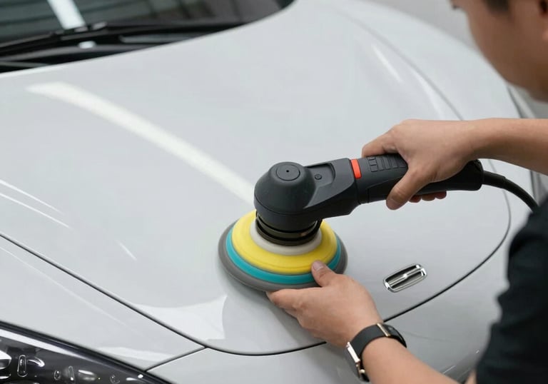 Shiny black car hood reflecting light after professional polishing.