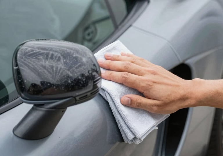 Close-up of a hand applying ceramic coating on a car surface with a sponge.