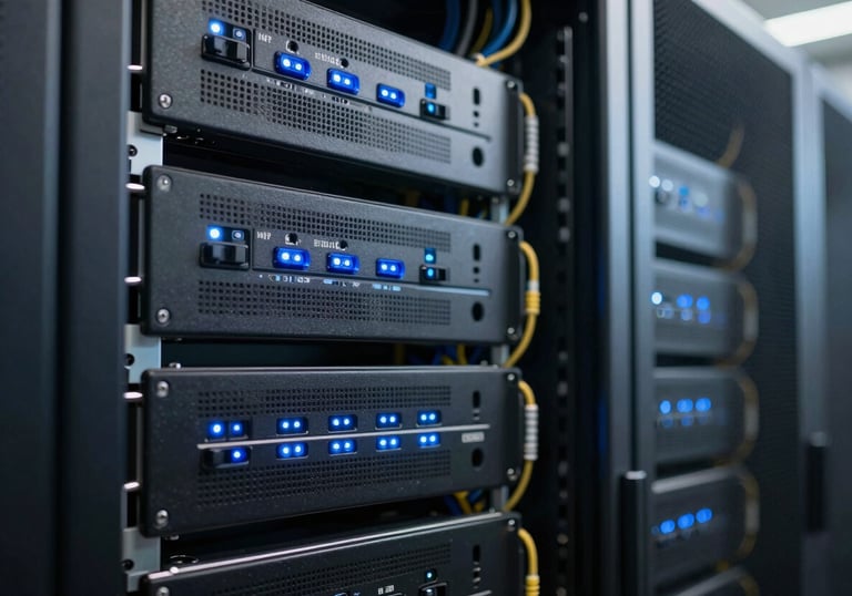 A close-up of a modern server room with neat wiring and glowing blue indicators, representing high-end infrastructure and technical proficiency.