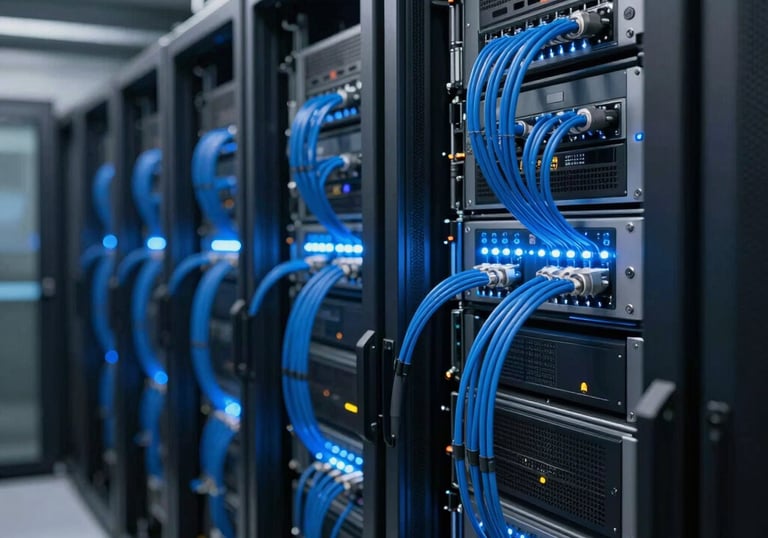 A futuristic data center interior with rows of servers and glowing blue fiber optic cables, symbolizing the strength and speed of our backbone network.