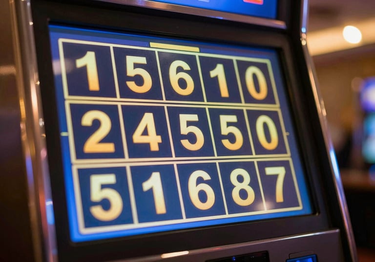 Close-up of a high-resolution slot machine screen with glowing golden jackpot numbers, blurred elegant casino background with warm and deep blue lighting.