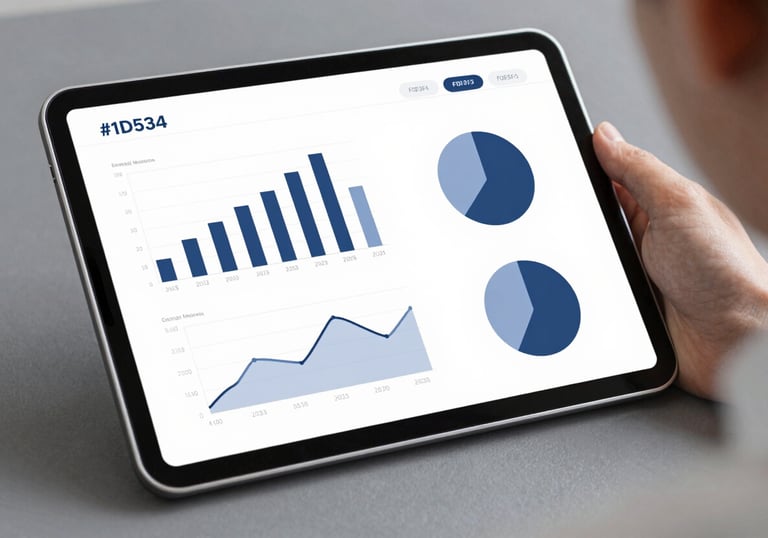 An image of a sleek, modern tablet showing analytical charts and graphs, shot in a professional setting using #1D3534 and #F0F3F3.