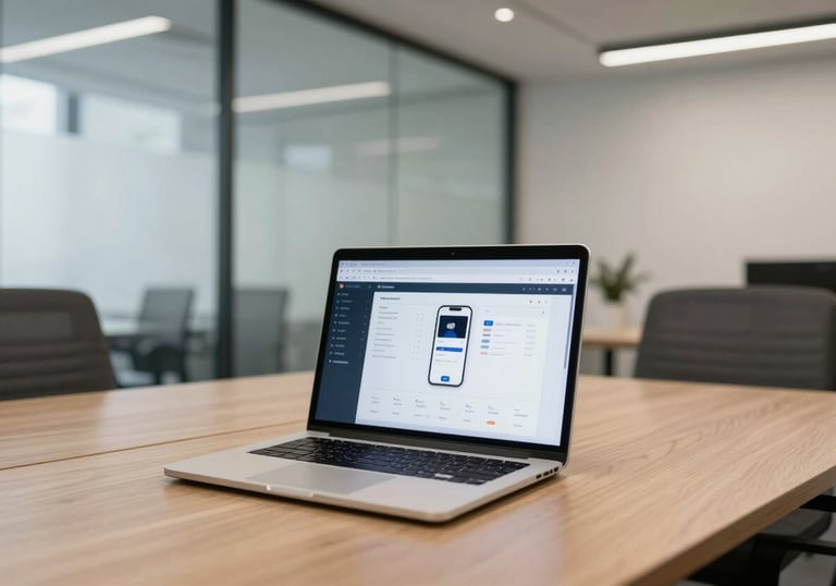 A bright office meeting room in Kyiv with glass walls and modern furniture. A laptop sits open on a table showing a mobile application wireframe.