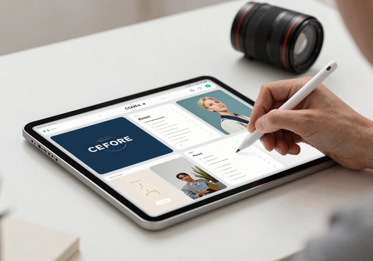 A professional desk setup featuring a modern tablet and stylus, used for high-end UI/UX design, captured in a bright studio with soft natural lighting.
