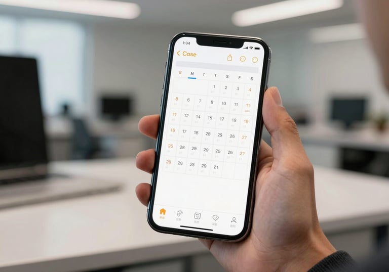 A sleek smartphone displaying a calendar app with multiple booked appointments, held by a professional in a modern North American / US office setting.