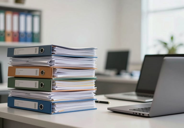 A bright and organized professional office space in Brazil with files and a laptop, symbolizing order and efficient administration.