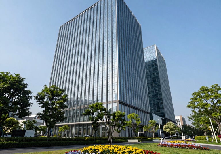 Low-angle photography of a sleek glass office building surrounded by healthy green parkland and flower beds, professional landscaping, clear blue sky.