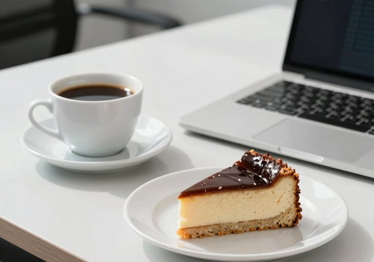 A professional office desk in Brazil featuring a cup of coffee and a gourmet slice of cake on a clean plate next to a laptop. Bright, modern, and inviting composition.