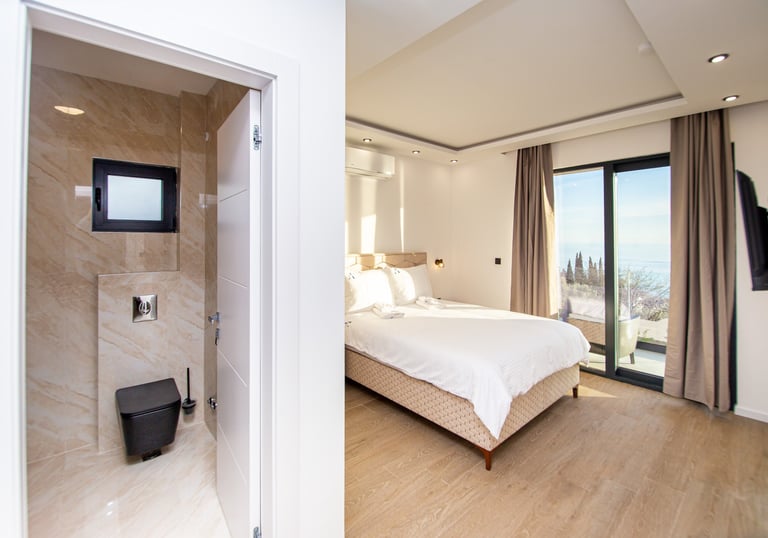 Luxury sea view king bedroom with private terrace and marble bathroom at Villa Aurora Azure Monteneg