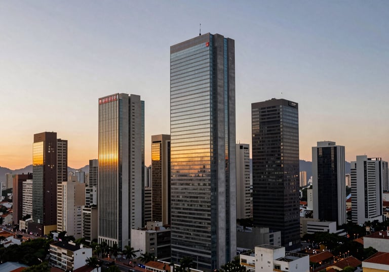 A panoramic view of a modern business district in a Brazilian city, reflecting growth, professionalism, and partnership at sunset.