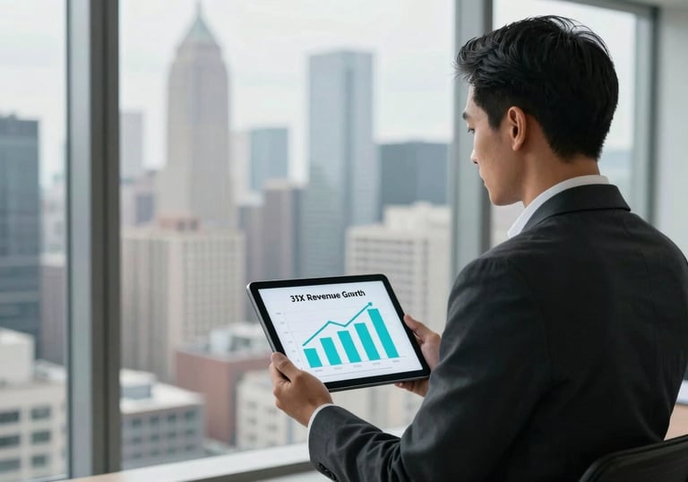 An entrepreneur in a high-rise North American office looking out at a city skyline, holding a tablet showing a 3x revenue growth chart in cyan.